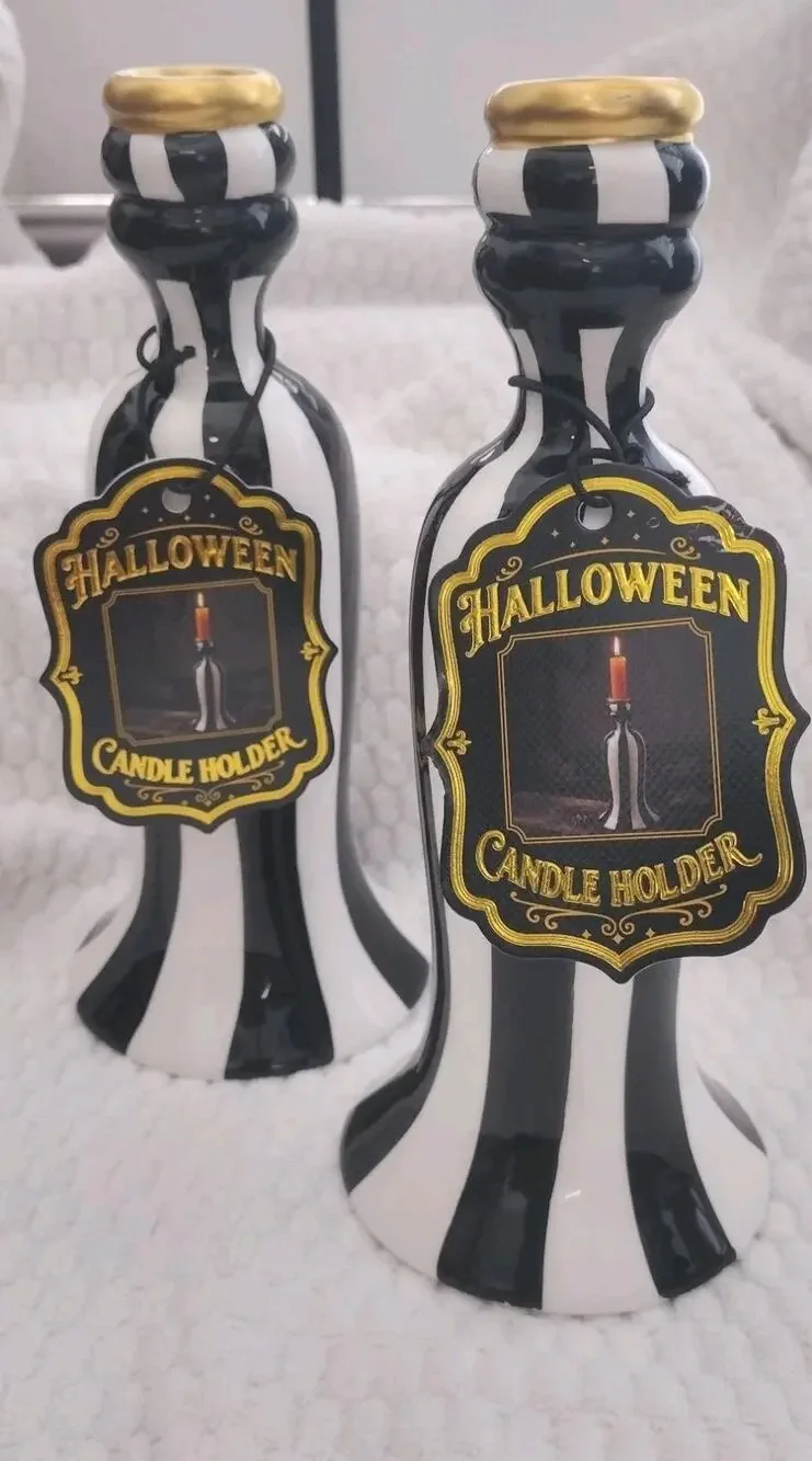 New Set Of 2 Black & White Striped Candle Stick Holders Designer Inspired